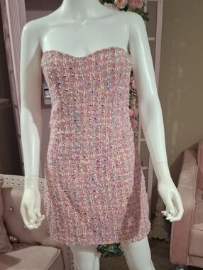 Pink Multicolored Strapless Tweed Mini Dress NWOT